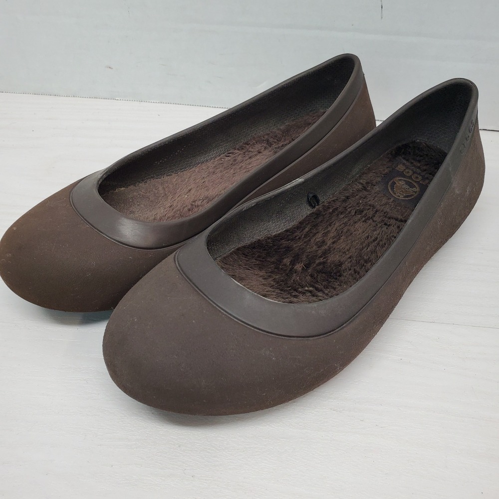 Crocs Women's Faux Fur Lined Ballet Flats Brown Comfort Shoes Size 7 W‎